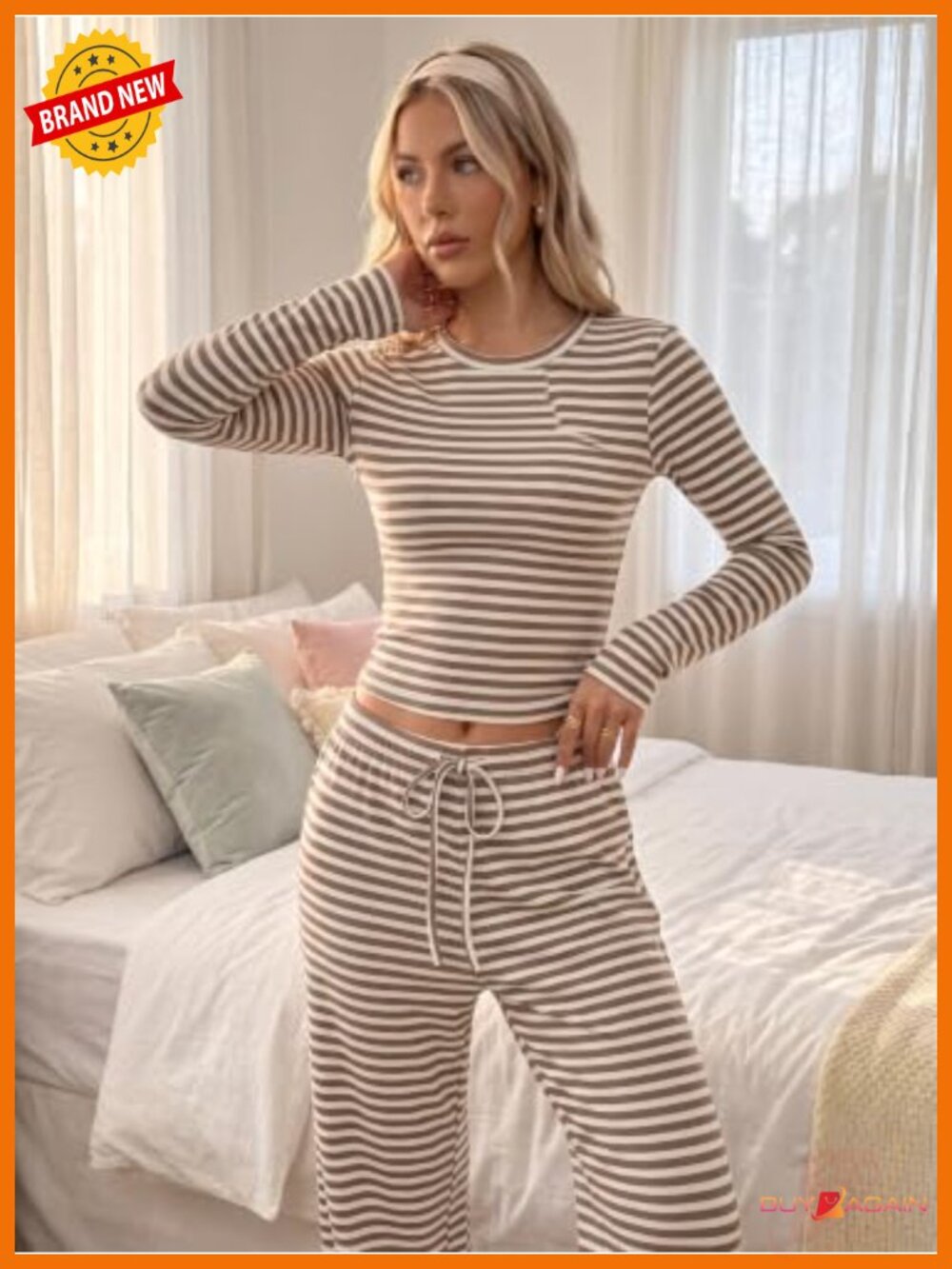 Ribbed Striped Long Sleeve Crewneck Wide Leg Lounge Set with Pockets - Picture 4 of 6